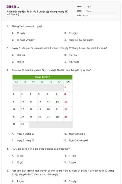 9 câu trắc nghiệm Toán lớp 3 Luyện tập chung (trang 88) (có đáp án)