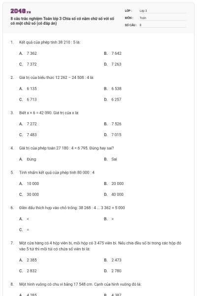 8 câu trắc nghiệm Toán lớp 3 Chia số có năm chữ số với số có một chữ số (có đáp án)