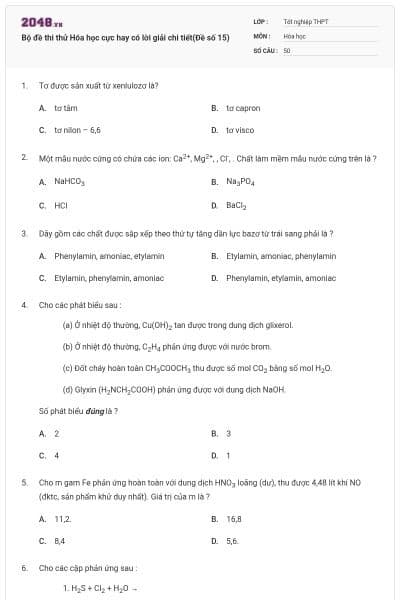 Bộ đề thi thử Hóa học cực hay có lời giải chi tiết(Đề số 15)