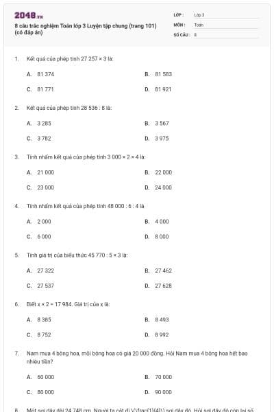 8 câu trắc nghiệm Toán lớp 3 Luyện tập chung (trang 101) (có đáp án)