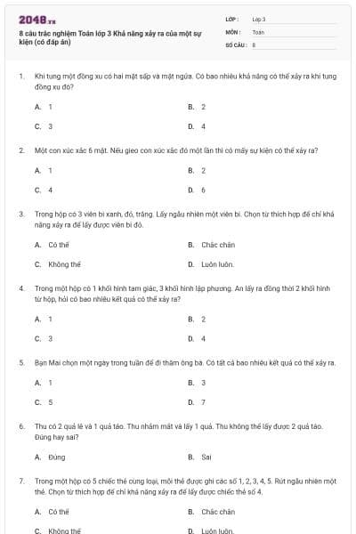 8 câu trắc nghiệm Toán lớp 3 Khả năng xảy ra của một sự kiện (có đáp án)