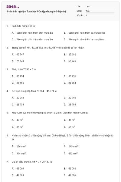 8 câu trắc nghiệm Toán lớp 3 Ôn tập chung (có đáp án)