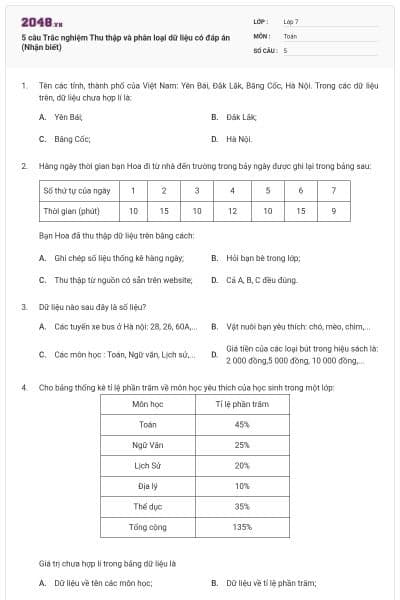 5 câu Trắc nghiệm Thu thập và phân loại dữ liệu có đáp án (Nhận biết)