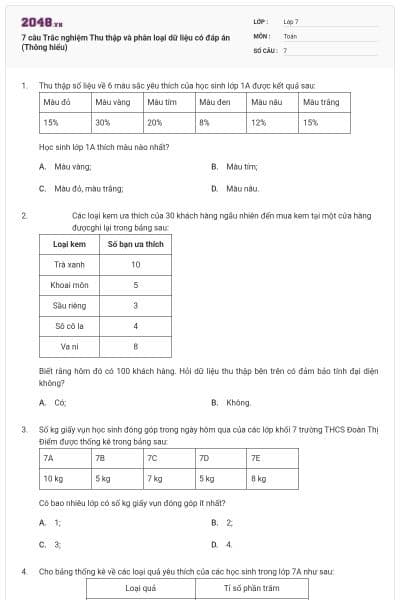 7 câu Trắc nghiệm Thu thập và phân loại dữ liệu có đáp án (Thông hiểu)