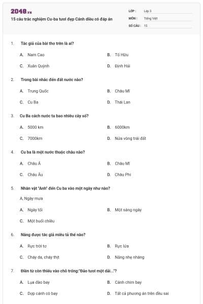 15 câu trắc nghiệm Cu-ba tươi đẹp Cánh diều có đáp án