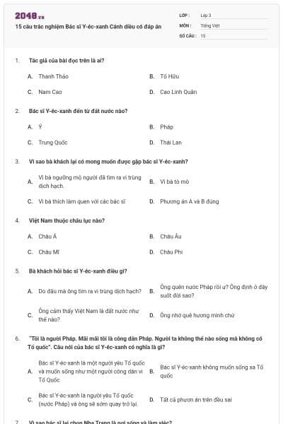 15 câu trắc nghiệm Bác sĩ Y-éc-xanh Cánh diều có đáp án