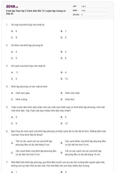 8 bài tập Toán lớp 3 Cánh diều Bài 13: Luyện tập chung có đáp án