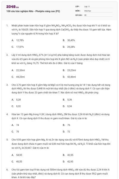 100 câu trắc nghiệm Nito - Photpho nâng cao (P2)