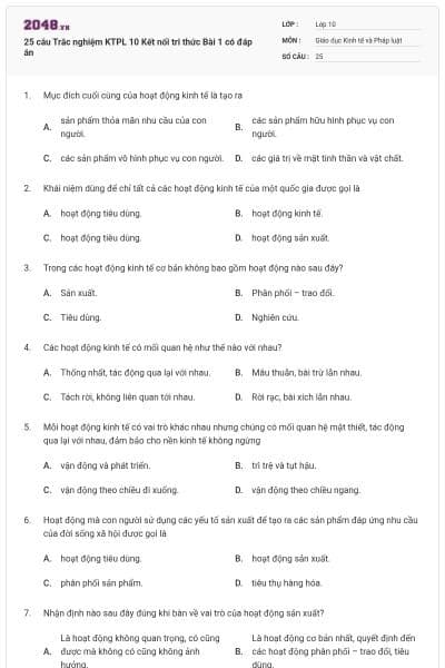 25 câu Trắc nghiệm KTPL 10 Kết nối tri thức Bài 1 có đáp án