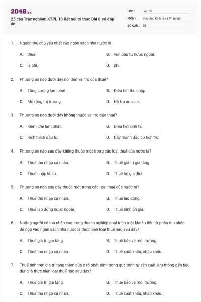 25 câu Trắc nghiệm KTPL 10 Kết nối tri thức Bài 6 có đáp án