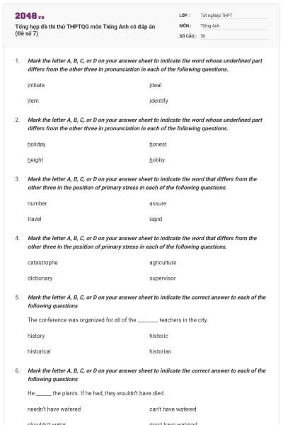 Tổng hợp đề thi thử THPTQG môn Tiếng Anh có đáp án (Đề số 7)