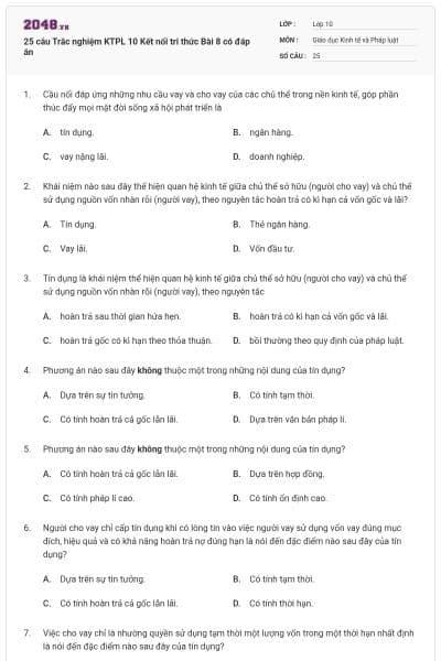 25 câu Trắc nghiệm KTPL 10 Kết nối tri thức Bài 8 có đáp án