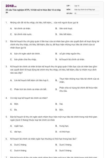 25 câu Trắc nghiệm KTPL 10 Kết nối tri thức Bài 10 có đáp án