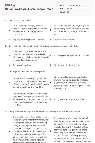 100+ câu trắc nghiệm tổng hợp Thuế có đáp án - Phần 2