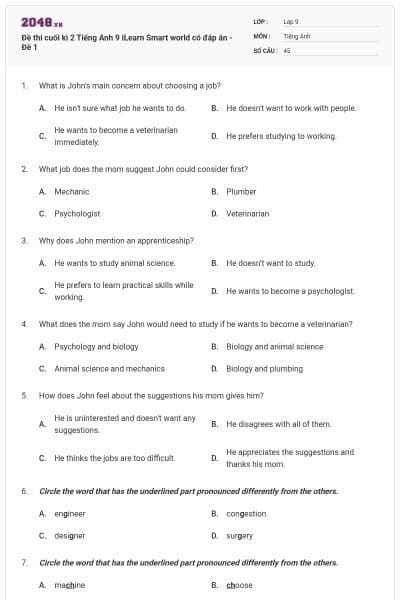 Đề thi cuối kì 2 Tiếng Anh 9 iLearn Smart world có đáp án - Đề 1