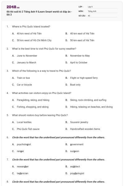 Đề thi cuối kì 2 Tiếng Anh 9 iLearn Smart world có đáp án - Đề 3