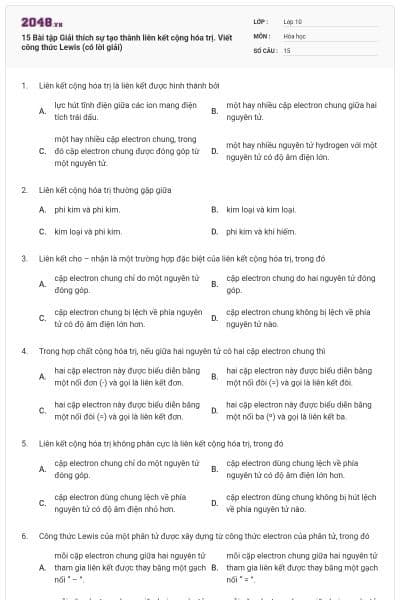 15 Bài tập Giải thích sự tạo thành liên kết cộng hóa trị. Viết công thức Lewis (có lời giải)