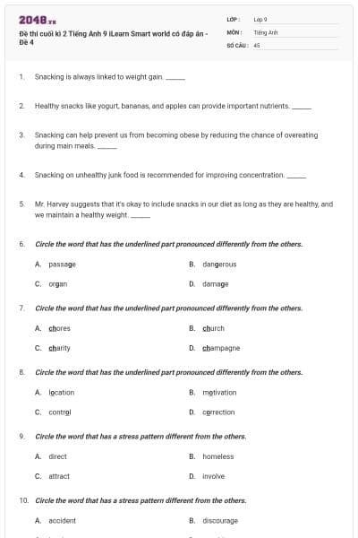 Đề thi cuối kì 2 Tiếng Anh 9 iLearn Smart world có đáp án - Đề 4