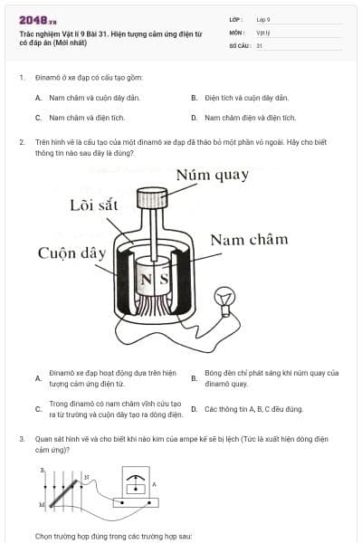 Trắc nghiệm Vật lí 9 Bài 31. Hiện tượng cảm ứng điện từ có đáp án (Mới nhất)