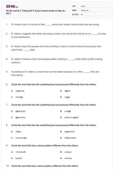 Đề thi cuối kì 2 Tiếng Anh 9 iLearn Smart world có đáp án - Đề 5