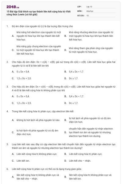 15 Bài tập Giải thích sự tạo thành liên kết cộng hóa trị-Viết công thức Lewis (có lời giải)