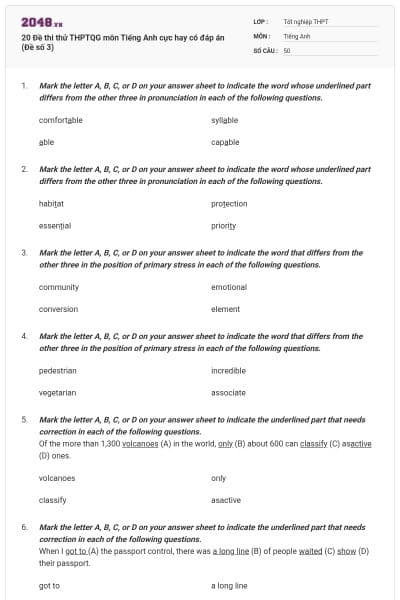 20 Đề thi thử THPTQG môn Tiếng Anh cực hay có đáp án (Đề số 3)