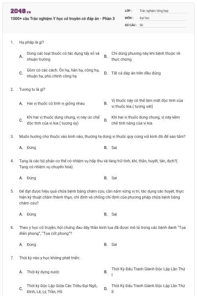 1000+ câu Trắc nghiệm Y học cổ truyền có đáp án - Phần 3