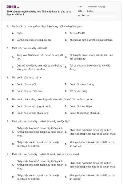 500+ câu trắc nghiệm tổng hợp Thẩm định dự án đầu tư có đáp án - Phần 1