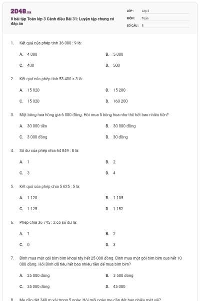 8 bài tập Toán lớp 3 Cánh diều Bài 31: Luyện tập chung có đáp án