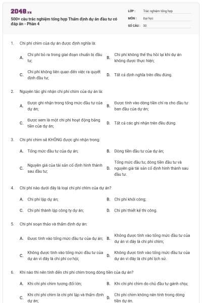 500+ câu trắc nghiệm tổng hợp Thẩm định dự án đầu tư có đáp án - Phần 4