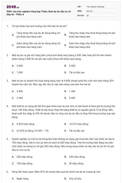 500+ câu trắc nghiệm tổng hợp Thẩm định dự án đầu tư có đáp án - Phần 6