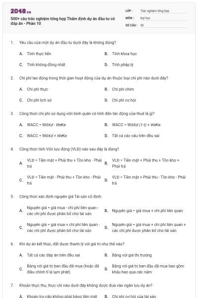 500+ câu trắc nghiệm tổng hợp Thẩm định dự án đầu tư có đáp án - Phần 10