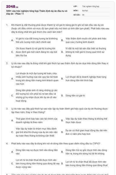 500+ câu trắc nghiệm tổng hợp Thẩm định dự án đầu tư có đáp án - Phần 11