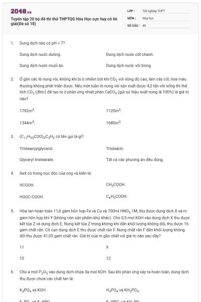 Tuyển tập 20 bộ đề thi thử THPTQG Hóa Học cực hay có lời giải(Đề số 18)