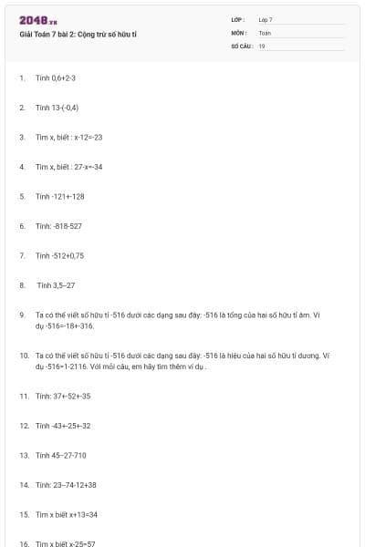 Giải Toán 7 bài 2: Cộng trừ số hữu tỉ