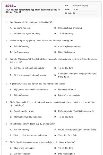 500+ câu trắc nghiệm tổng hợp Thẩm định dự án đầu tư có đáp án - Phần 15