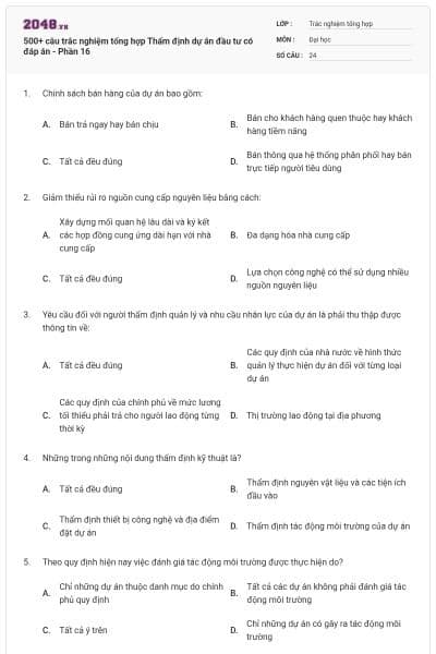 500+ câu trắc nghiệm tổng hợp Thẩm định dự án đầu tư có đáp án - Phần 16