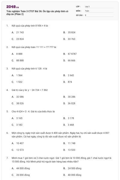 Trắc nghiệm Toán 3 CTST Bài 36: Ôn tập các phép tính có đáp án (Phần 2)