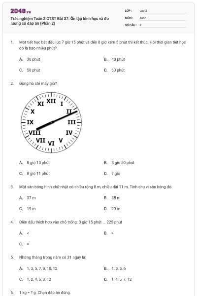 Trắc nghiệm Toán 3 CTST Bài 37: Ôn tập hình học và đo lường có đáp án (Phần 2)