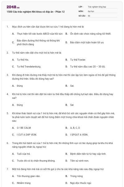 1500 Câu trắc nghiệm Nhi khoa có đáp án - Phần 12