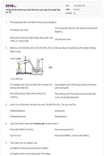 15 Bộ đề thi minh họa môn Hóa Học cực hay có lời giải (Đề số 13)