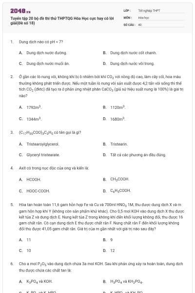 Tuyển tập 20 bộ đề thi thử THPTQG Hóa Học cực hay có lời giải(Đề số 18)