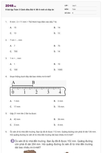8 bài tập Toán 3 Cánh diều Bài 4: Mi-li-mét có đáp án