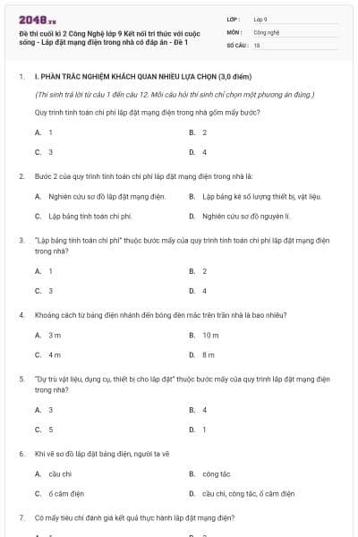 Đề thi cuối kì 2 Công Nghệ lớp 9 Kết nối tri thức với cuộc sống - Lắp đặt mạng điện trong nhà có đáp án - Đề 1