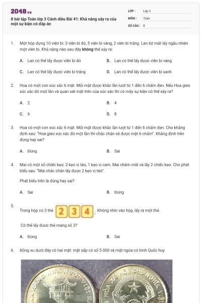 8 bài tập Toán lớp 3 Cánh diều Bài 41: Khả năng xảy ra của một sự kiện có đáp án