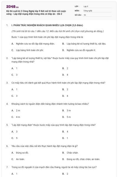 Đề thi cuối kì 2 Công Nghệ lớp 9 Kết nối tri thức với cuộc sống - Lắp đặt mạng điện trong nhà có đáp án - Đề 2