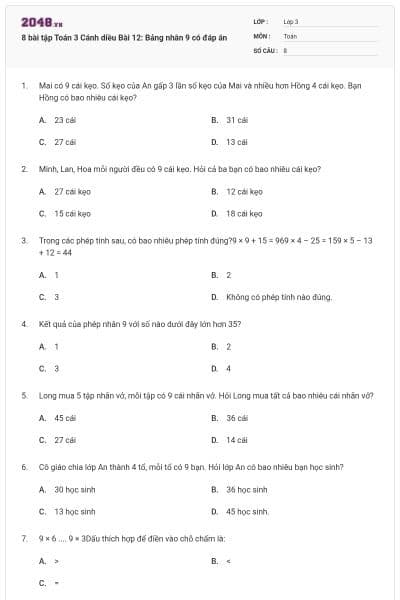 8 bài tập Toán 3 Cánh diều Bài 12: Bảng nhân 9 có đáp án
