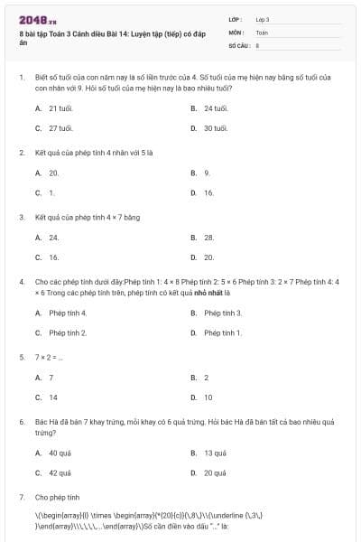 8 bài tập Toán 3 Cánh diều Bài 14: Luyện tập (tiếp) có đáp án