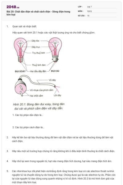 Bài 20: Chất dẫn điện và chất cách điện - Dòng điện trong kim loại
