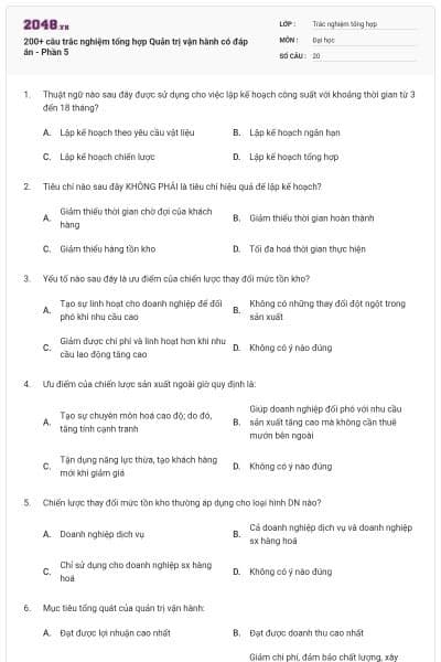 200+ câu trắc nghiệm tổng hợp Quản trị vận hành có đáp án - Phần 5